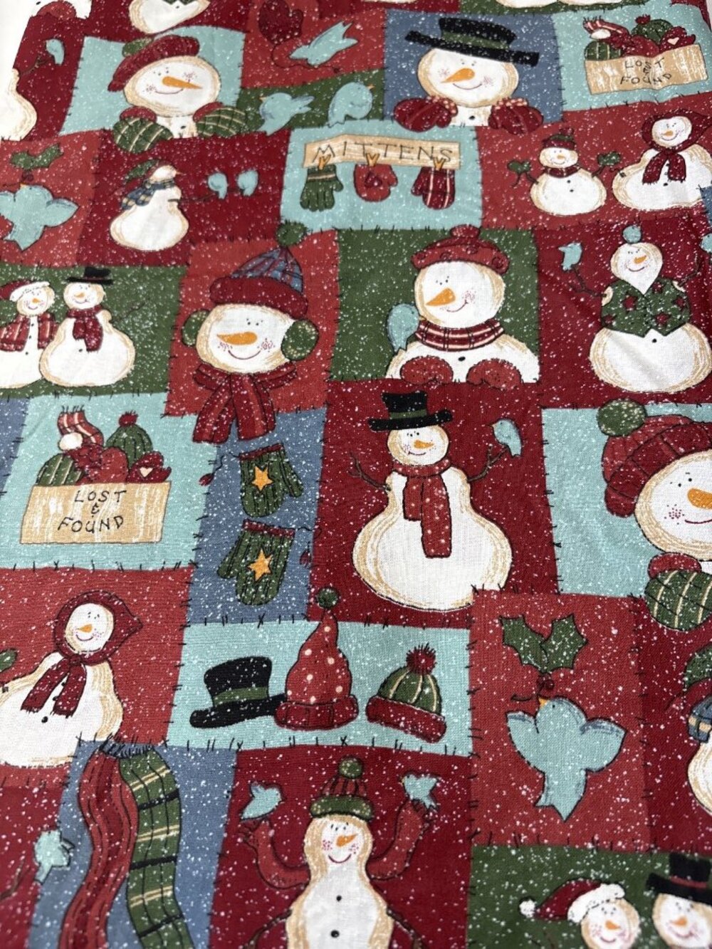 Snowman Cotton Fabric 26" x 25" Red Green Blue Winter Mittens Holiday Quilting